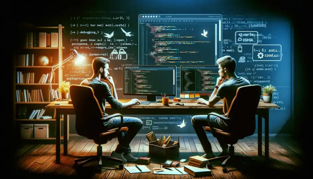 Two developers collaborating at a desk, focusing on debugging Laravel code on a computer screen, surrounded by programming books and notes, in a tech-themed workspace.