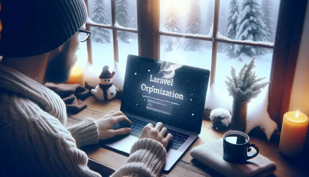 A cozy winter scene with a web developer focused on their laptop screen, which prominently displays "Laravel Optimization".